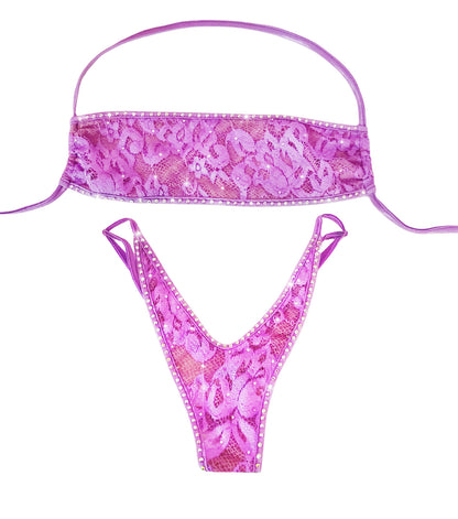 Lace Bandeau Rhinestone top & adjustable strap Thong - new Exotic Dancewear