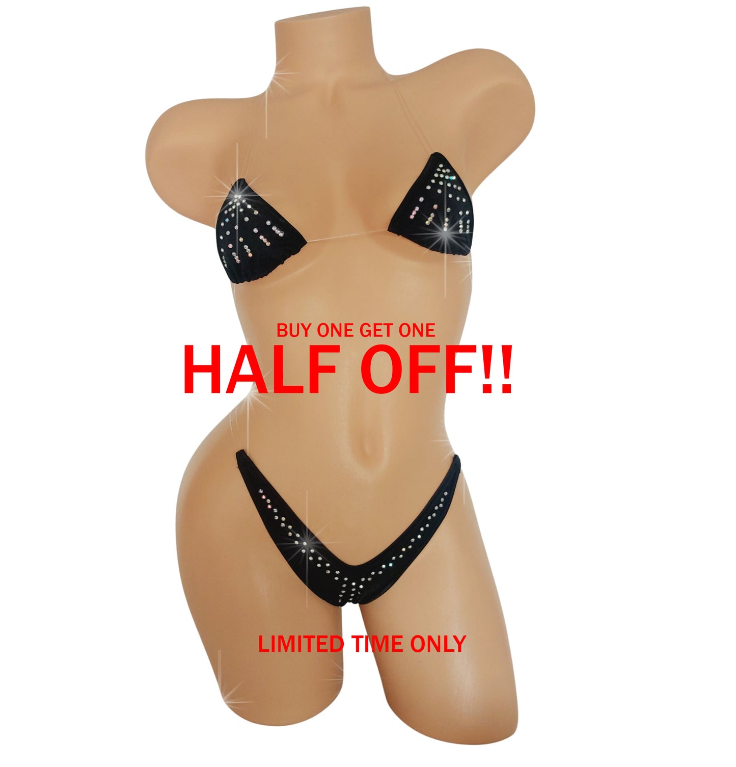 Black rhinestone bikini set displayed on a beige mannequin torso against a white background, with red promotional text reading 'BUY ONE GET ONE HALF OFF!!' and 'LIMITED TIME ONLY'.