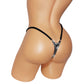 Black rave style whale back adjustable strap thong with rhinestone outline, rear view.