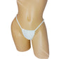 Photo of a white rhinestone thong on a curvy mannequin torso on a white background.