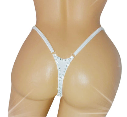 Rear view of Photo of a white rhinestone thong on a curvy mannequin torso on a white background.