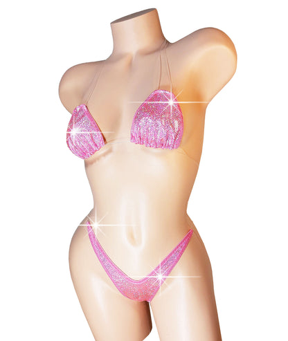 Baby Pink Hologram Adjustable Strap clear invisible elastic Sizes XS - XL two piece thong bikini