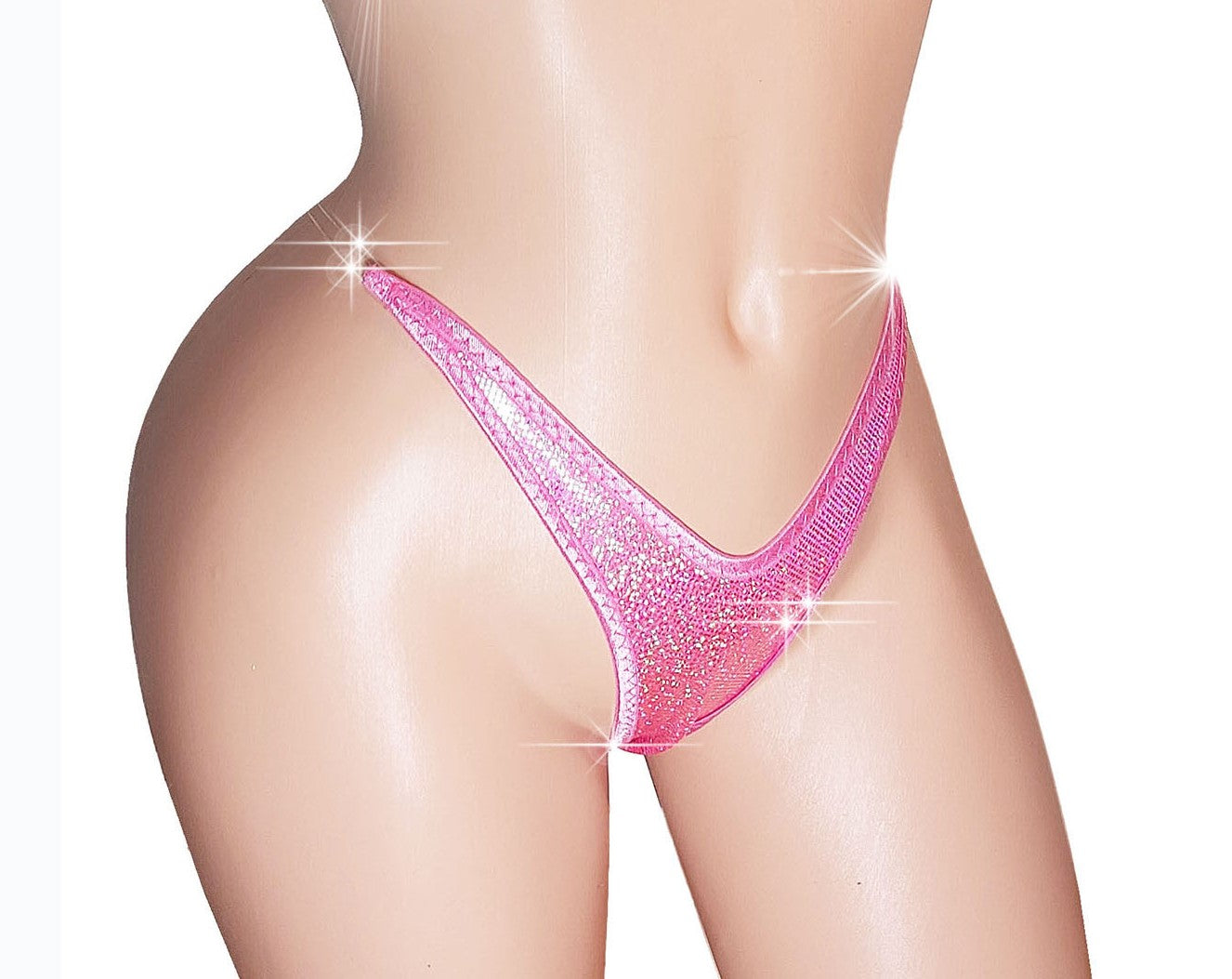 Pink hologram thong on a sexy mannequin with invisible elastic.