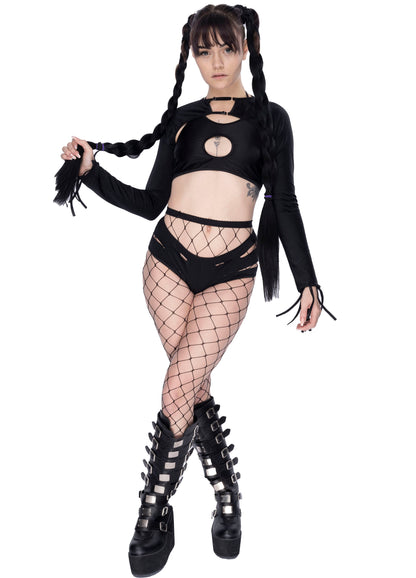 Adjustable long sleeve Shrug, cutout Scoop top & Slashed Shorts 3 pc Designer Set - Bottle service outfits, Barista, exotic dancewear, Rave, stripper outfits, pole dance fits