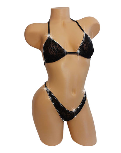Rhinestone sparkle Fully Lined Black Lace stretch adjustable bikini