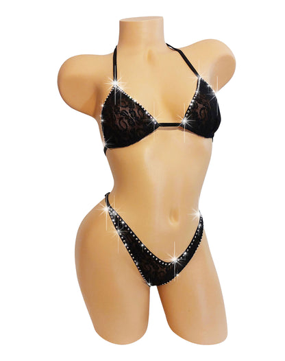 Daring Black Lace with Diamond Rhinestone outline - Adjustable thong! AA to DD cups - stripper, exotic dancewear, pole, rave