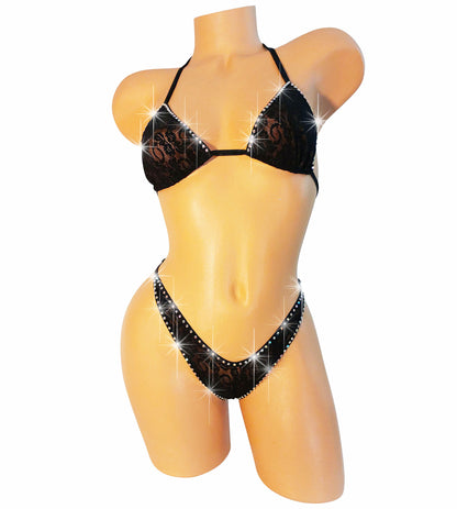 Daring Black Lace with Diamond Rhinestone outline - Adjustable thong! AA to DD cups - stripper, exotic dancewear, pole, rave