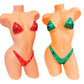 Two mannequins, one wearing Red Metallic the other green, holiday bikini with holiday colored rhinestones.