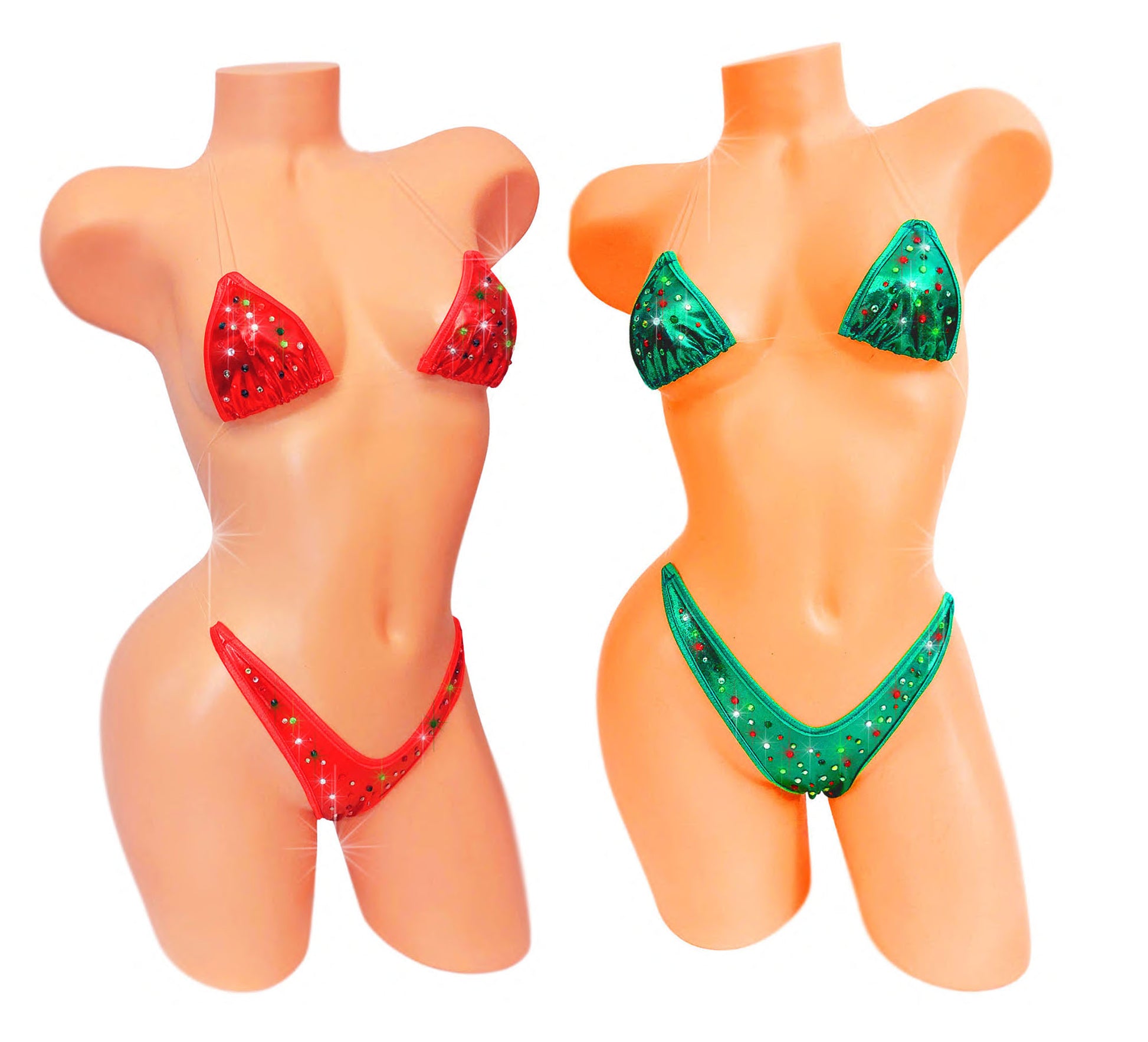 Two mannequins, one wearing Red Metallic the other green, holiday bikini with holiday colored rhinestones.