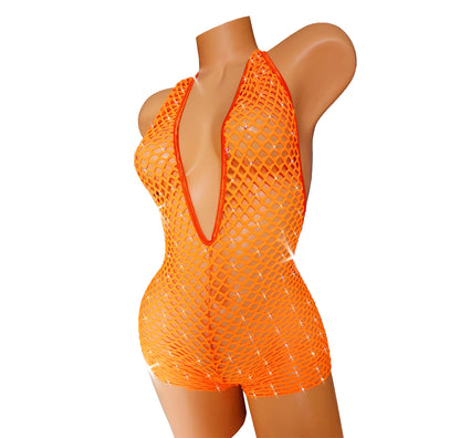 Sexy Rhinestone fishnet Micro Monokini romper shorts one piece * Glow Party!