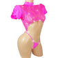 Hot Pink lace crop top with lacy ruffled short sleeves, covered in rhinestones, with an attached rhinestone thong, on a curvy mannequin.