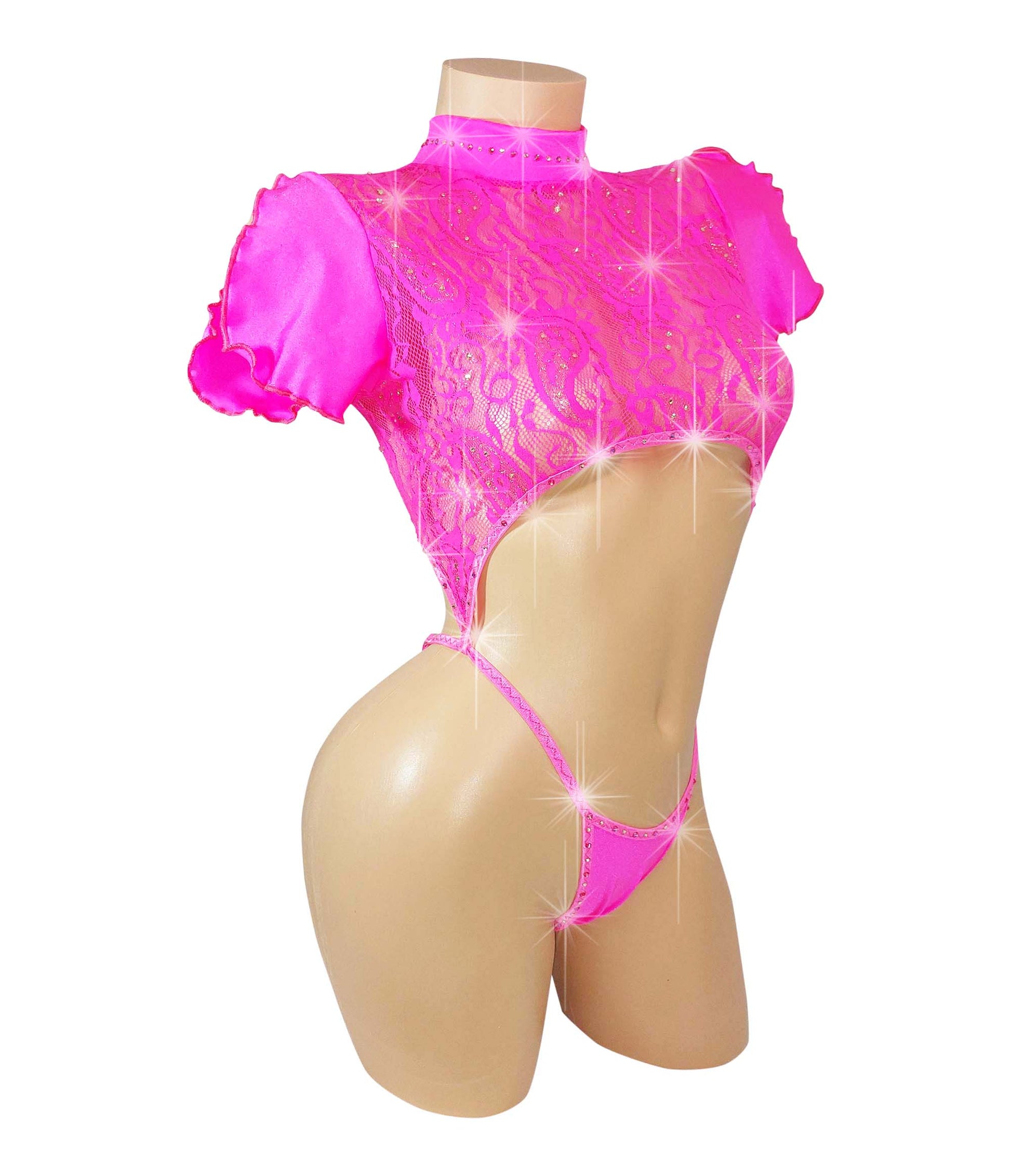 Hot Pink lace crop top with lacy ruffled short sleeves, covered in rhinestones, with an attached rhinestone thong, on a curvy mannequin.