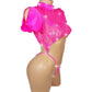 Hot Pink lace crop top with lacy ruffled short sleeves, covered in rhinestones, with an attached rhinestone thong, on a curvy mannequin.