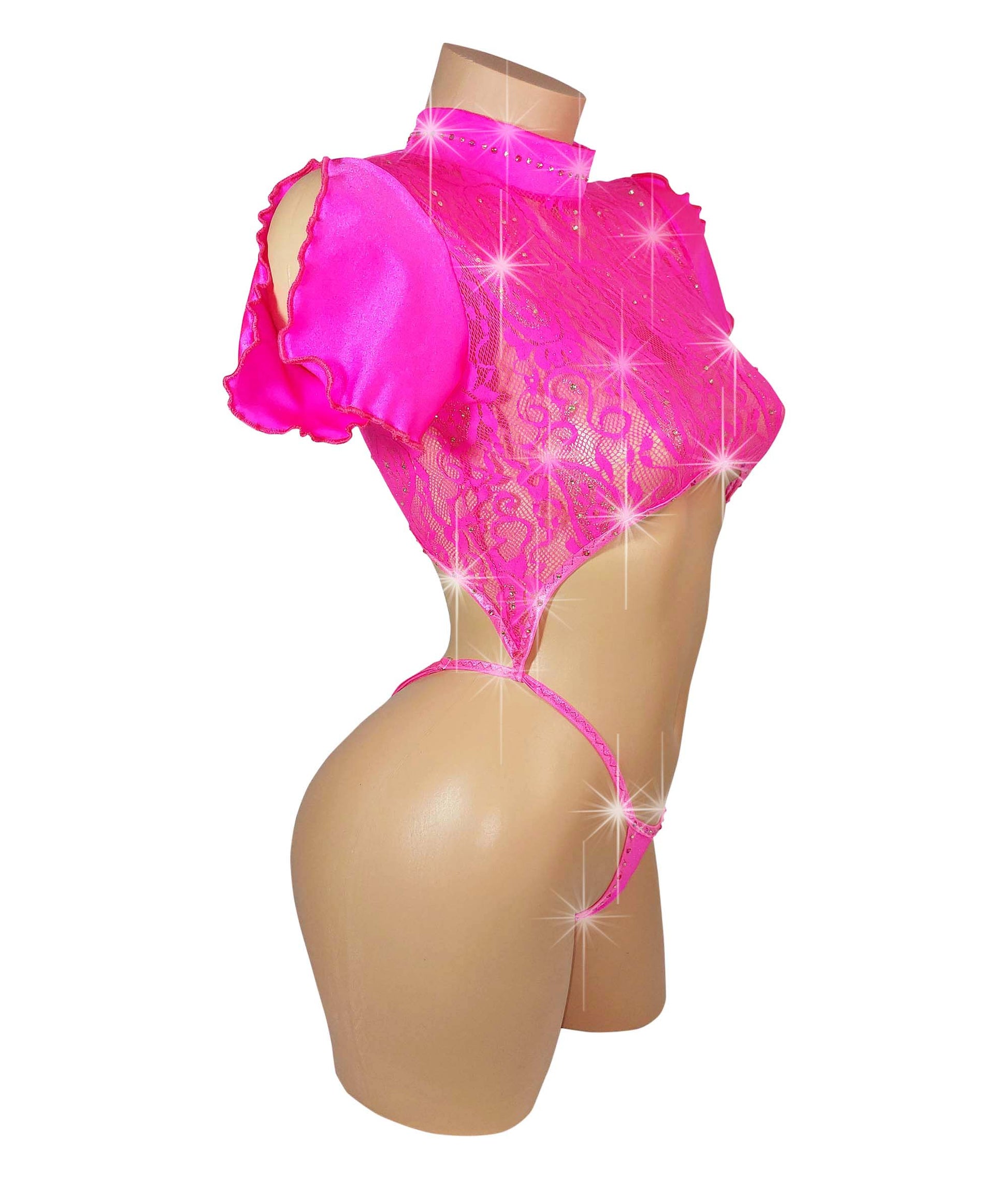 Hot Pink lace crop top with lacy ruffled short sleeves, covered in rhinestones, with an attached rhinestone thong, on a curvy mannequin.