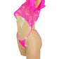 Hot Pink lace crop top with lacy ruffled short sleeves, covered in rhinestones, with an attached rhinestone thong, on a curvy mannequin.