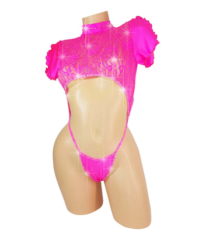 Hot Pink lace crop top with lacy ruffled short sleeves, covered in rhinestones, with an attached rhinestone thong, on a curvy mannequin.