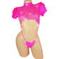 Hot Pink lace crop top with lacy ruffled short sleeves, covered in rhinestones, with an attached rhinestone thong, on a curvy mannequin.