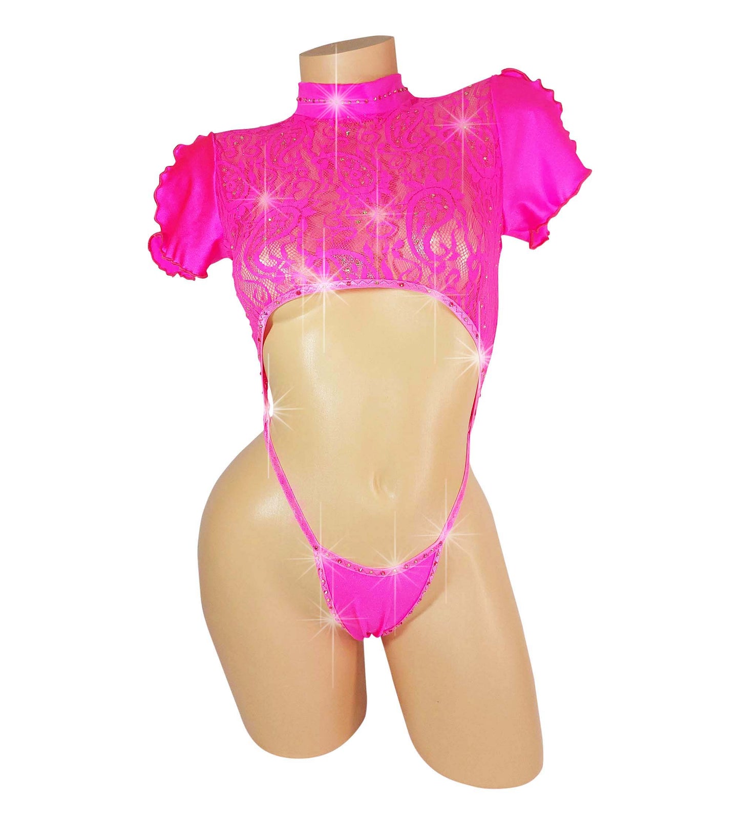 Hot Pink lace crop top with lacy ruffled short sleeves, covered in rhinestones, with an attached rhinestone thong, on a curvy mannequin.