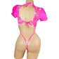 Hot Pink lace crop top with lacy ruffled short sleeves, covered in rhinestones, with an attached rhinestone thong, on a curvy mannequin.