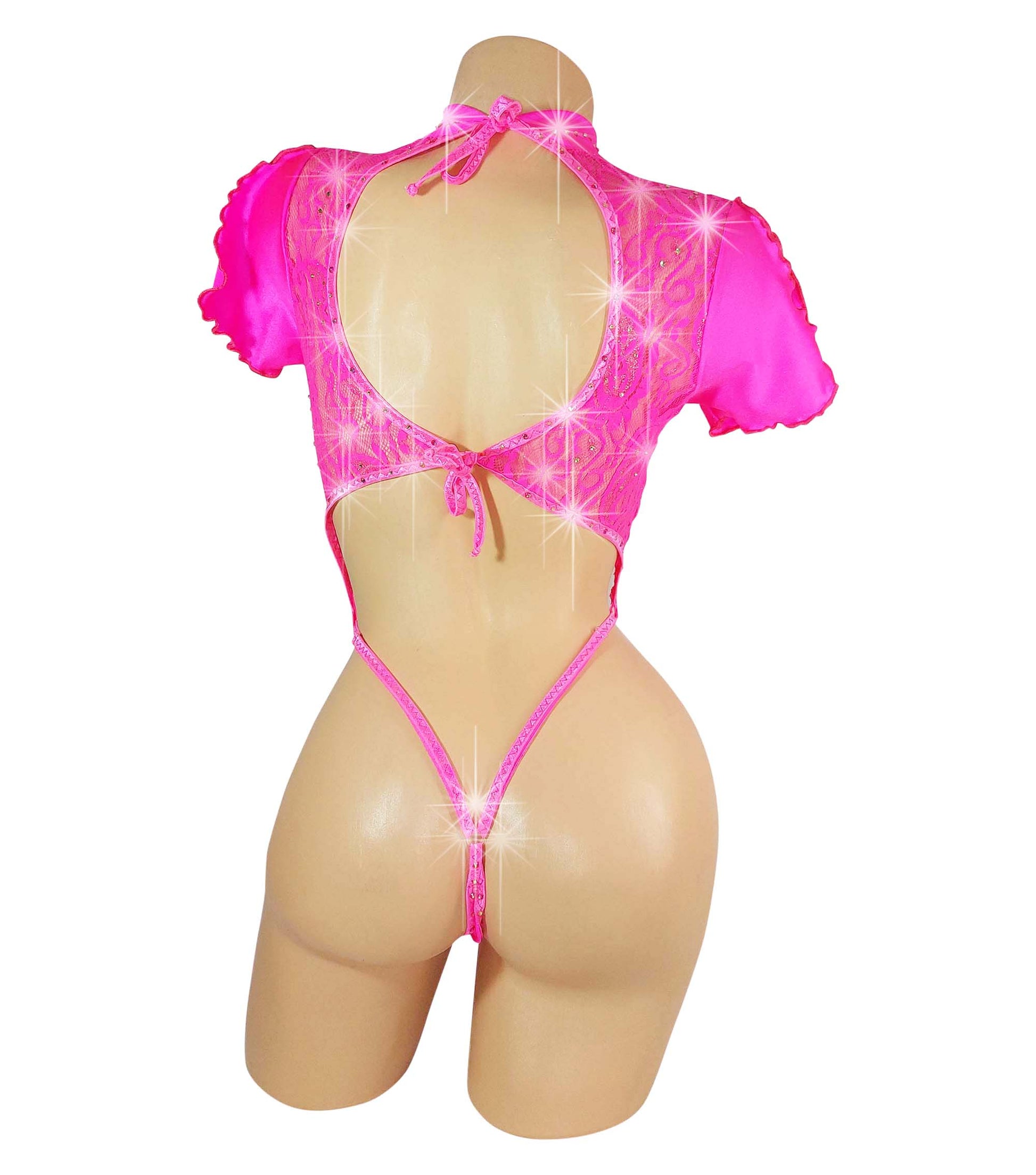 Hot Pink lace crop top with lacy ruffled short sleeves, covered in rhinestones, with an attached rhinestone thong, on a curvy mannequin.