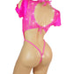 Hot Pink lace crop top with lacy ruffled short sleeves, covered in rhinestones, with an attached rhinestone thong, on a curvy mannequin.