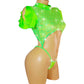 Glow Green black light Lace one piece covered in Rhinestones! Adjustable thong. Open sleeve fits all arms. Tie back adjustable. Designs for Stripper outfits, Exotic Dancewear, Pole Dance, SW lingerie, Rave