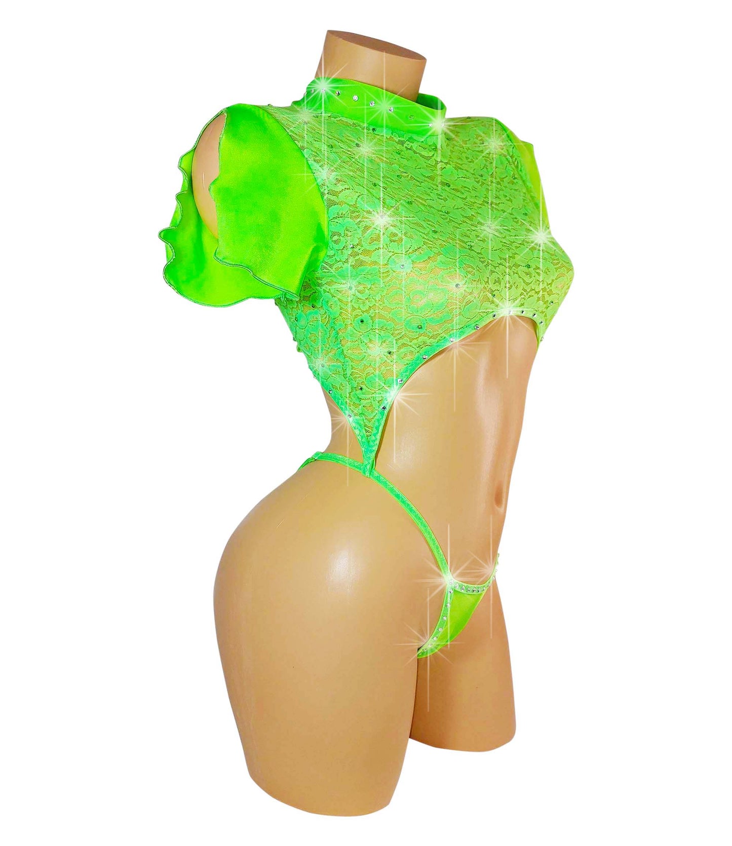 Glow Green black light Lace one piece covered in Rhinestones! Adjustable thong. Open sleeve fits all arms. Tie back adjustable. Designs for Stripper outfits, Exotic Dancewear, Pole Dance, SW lingerie, Rave