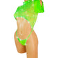 Glow Green black light Lace one piece covered in Rhinestones! Adjustable thong. Open sleeve fits all arms. Tie back adjustable. Designs for Stripper outfits, Exotic Dancewear, Pole Dance, SW lingerie, Rave