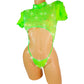 Glow Green black light Lace one piece covered in Rhinestones! Adjustable thong. Open sleeve fits all arms. Tie back adjustable. Designs for Stripper outfits, Exotic Dancewear, Pole Dance, SW lingerie, Rave