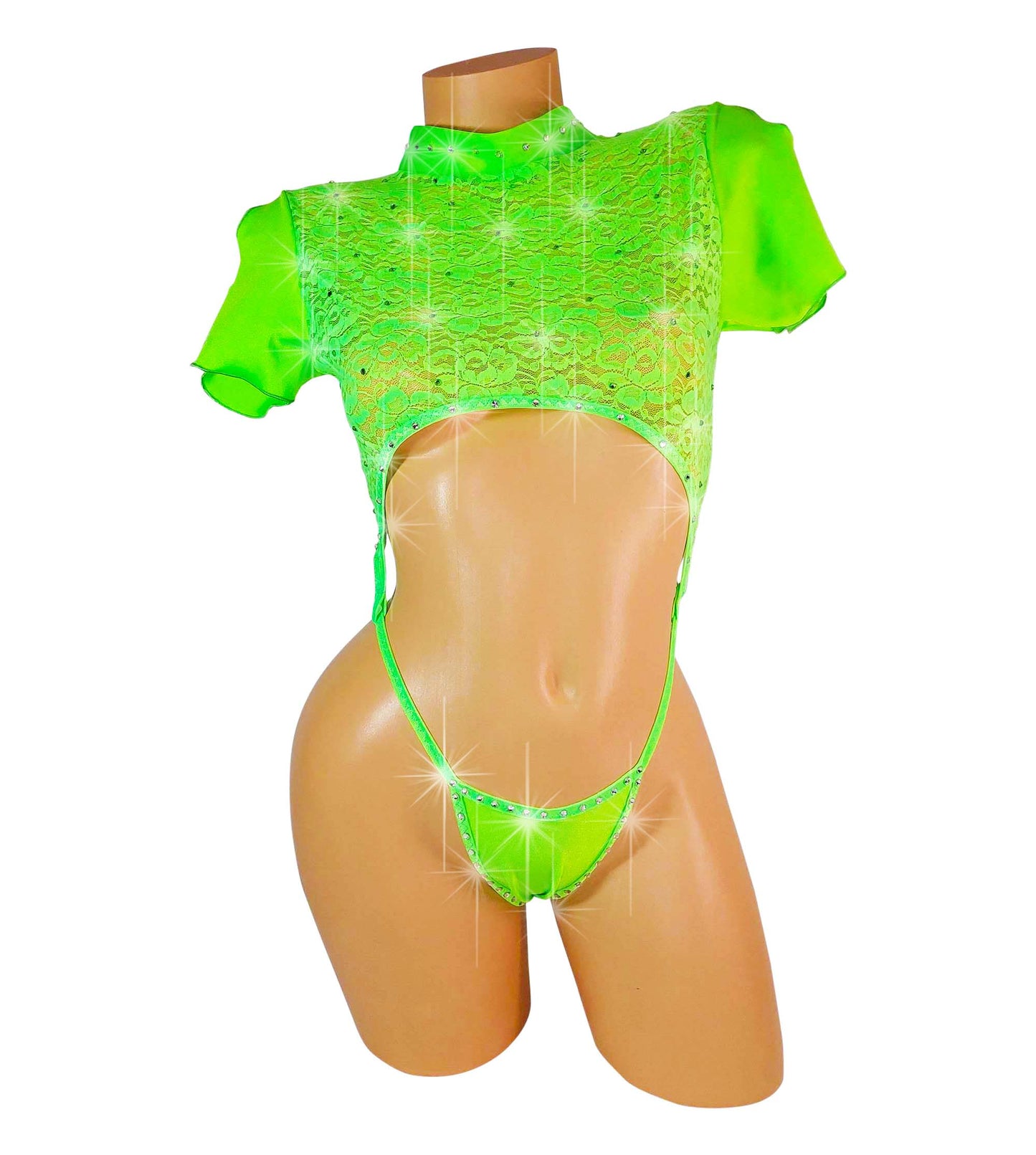 Glow Green black light Lace one piece covered in Rhinestones! Adjustable thong. Open sleeve fits all arms. Tie back adjustable. Designs for Stripper outfits, Exotic Dancewear, Pole Dance, SW lingerie, Rave