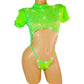 Glow Green black light Lace one piece covered in Rhinestones! Adjustable thong. Open sleeve fits all arms. Tie back adjustable. Designs for Stripper outfits, Exotic Dancewear, Pole Dance, SW lingerie, Rave