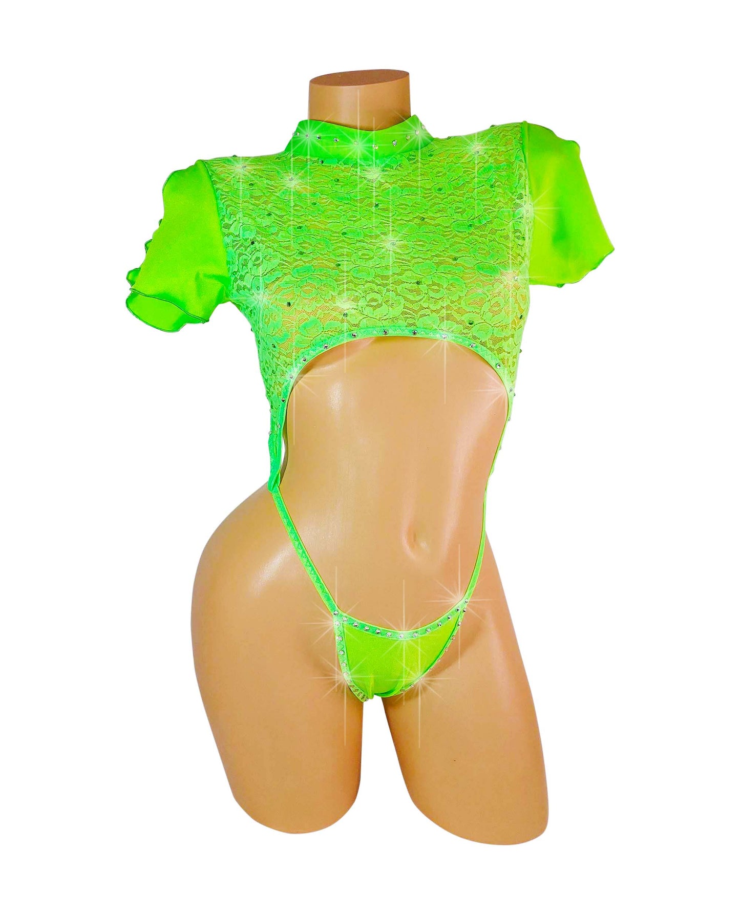 Glow Green black light Lace one piece covered in Rhinestones! Adjustable thong. Open sleeve fits all arms. Tie back adjustable. Designs for Stripper outfits, Exotic Dancewear, Pole Dance, SW lingerie, Rave