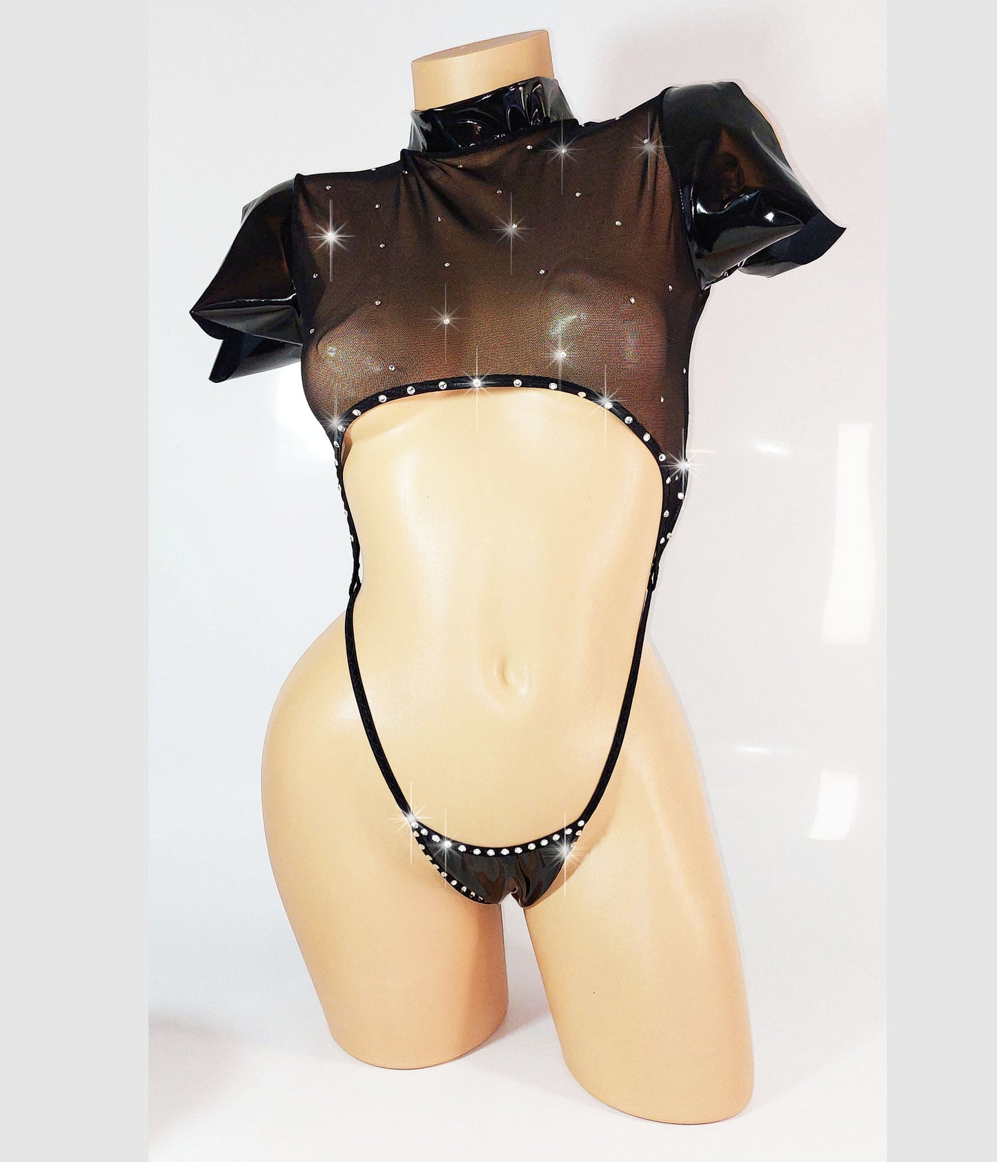 New Vinyl & RHINESTONE One-Piece short Sleeve Crop Top and Adjustable bottom Slider Slingshot - Original Exotic Dancewear, Stripper Outfits, PoleDance Lingerie