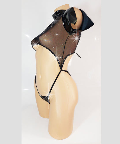 VINYL & RHINESTONE One-Piece short Sleeve Crop Top and Adjustable bottom Slider Slingshot - Original Exotic Dancewear, Stripper Outfits, PoleDance Lingerie