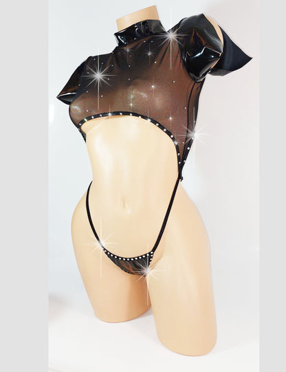 VINYL & RHINESTONE One-Piece short Sleeve Crop Top and Adjustable bottom Slider Slingshot - Original Exotic Dancewear, Stripper Outfits, PoleDance Lingerie