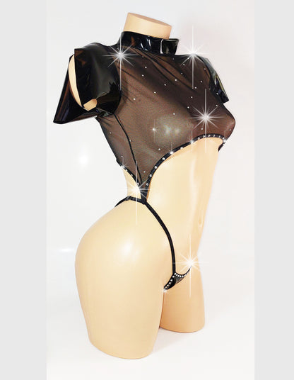 VINYL & RHINESTONE One-Piece short Sleeve Crop Top and Adjustable bottom Slider Slingshot - Original Exotic Dancewear, Stripper Outfits, PoleDance Lingerie