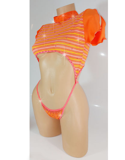Colorful short sleeve Crop Top adjustable thong one piece - designed for exotic dancers, stripper outfits, pole dance