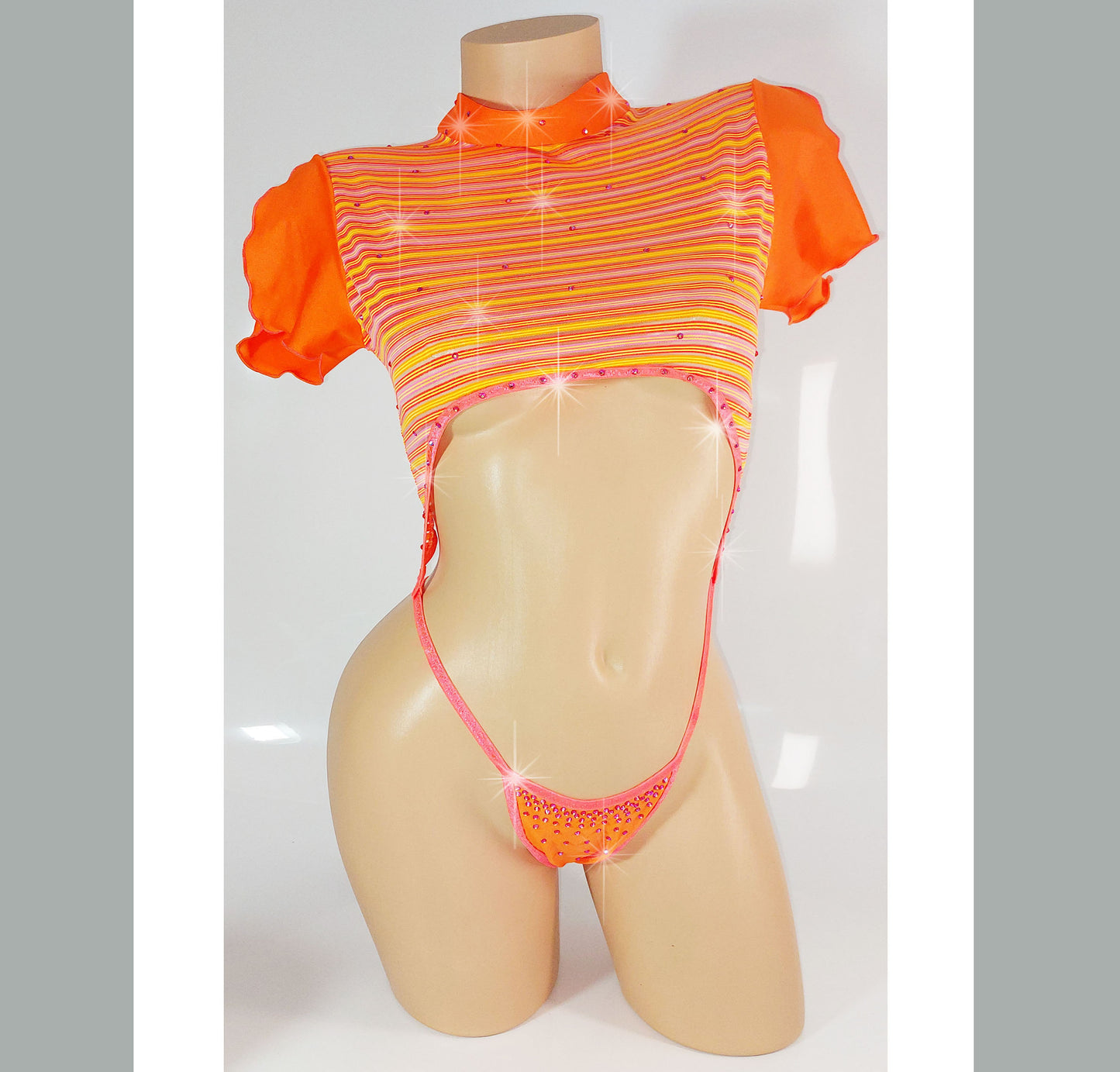 Colorful short sleeve Crop Top adjustable thong one piece - designed for exotic dancers, stripper outfits, pole dance