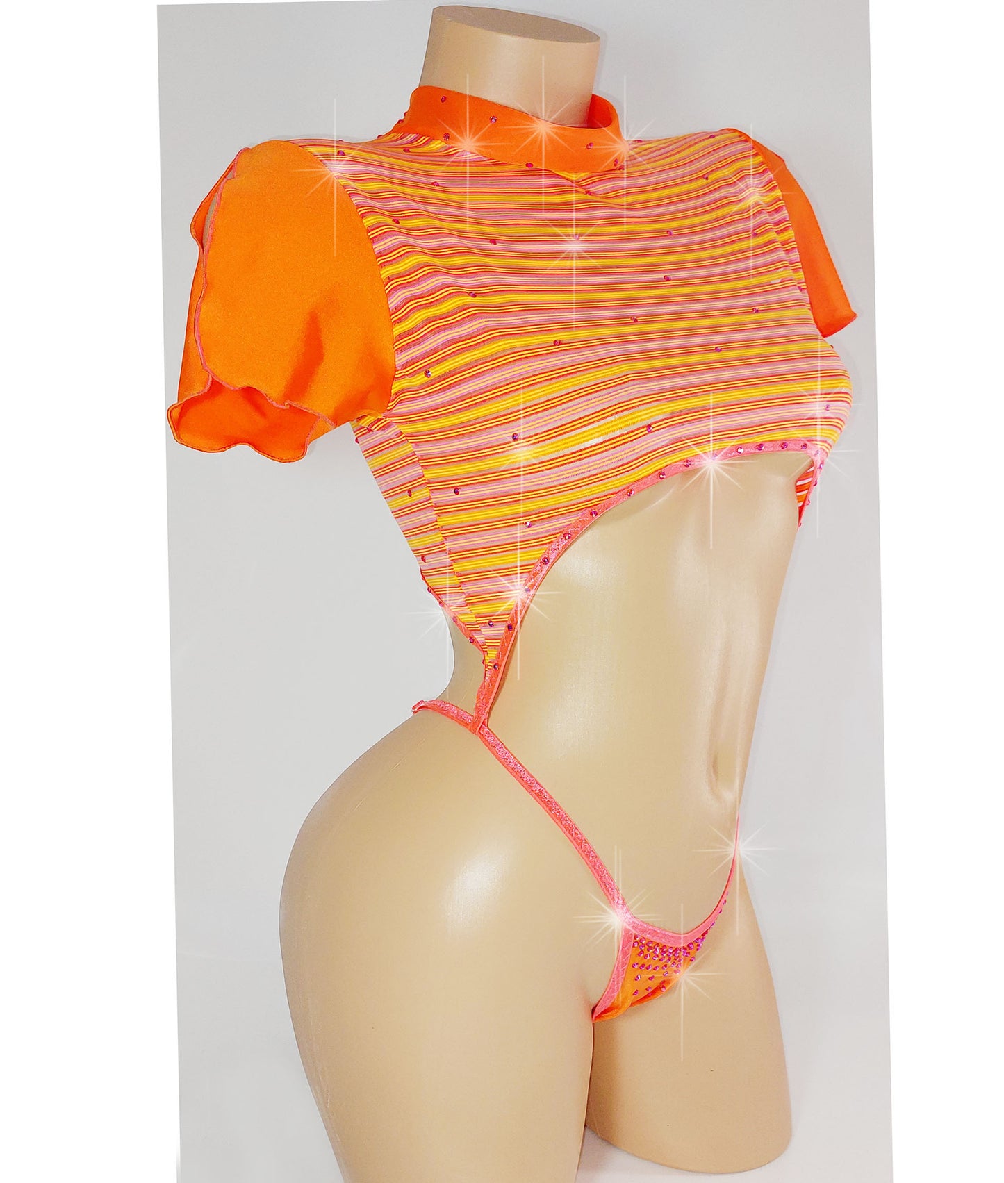 Colorful short sleeve Crop Top adjustable thong one piece - designed for exotic dancers, stripper outfits, pole dance