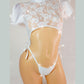 Bachelorettes/Brides White Lace RHINESTONE One-Piece short Sleeve Crop Top Adjustable thong - Exotic Dancewear Stripper Outfits PoleDance