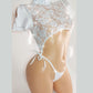 Bachelorettes/Brides White Lace RHINESTONE One-Piece short Sleeve Crop Top Adjustable thong - Exotic Dancewear Stripper Outfits PoleDance