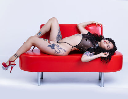 VINYL & RHINESTONE One-Piece short Sleeve Crop Top and Adjustable bottom Slider Slingshot - Original Exotic Dancewear, Stripper Outfits, PoleDance Lingerie