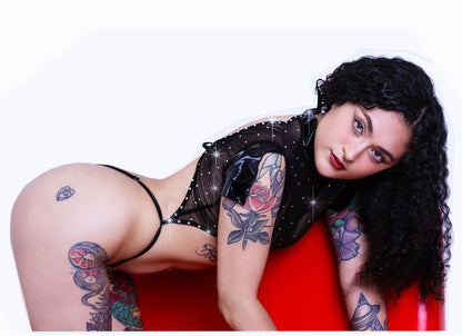 VINYL & RHINESTONE One-Piece short Sleeve Crop Top and Adjustable bottom Slider Slingshot - Original Exotic Dancewear, Stripper Outfits, PoleDance Lingerie