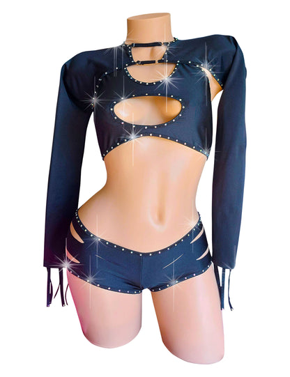 Rhinestone Biker Gurl slashed stretch shorts, shrug and scoop top - original Designer Set