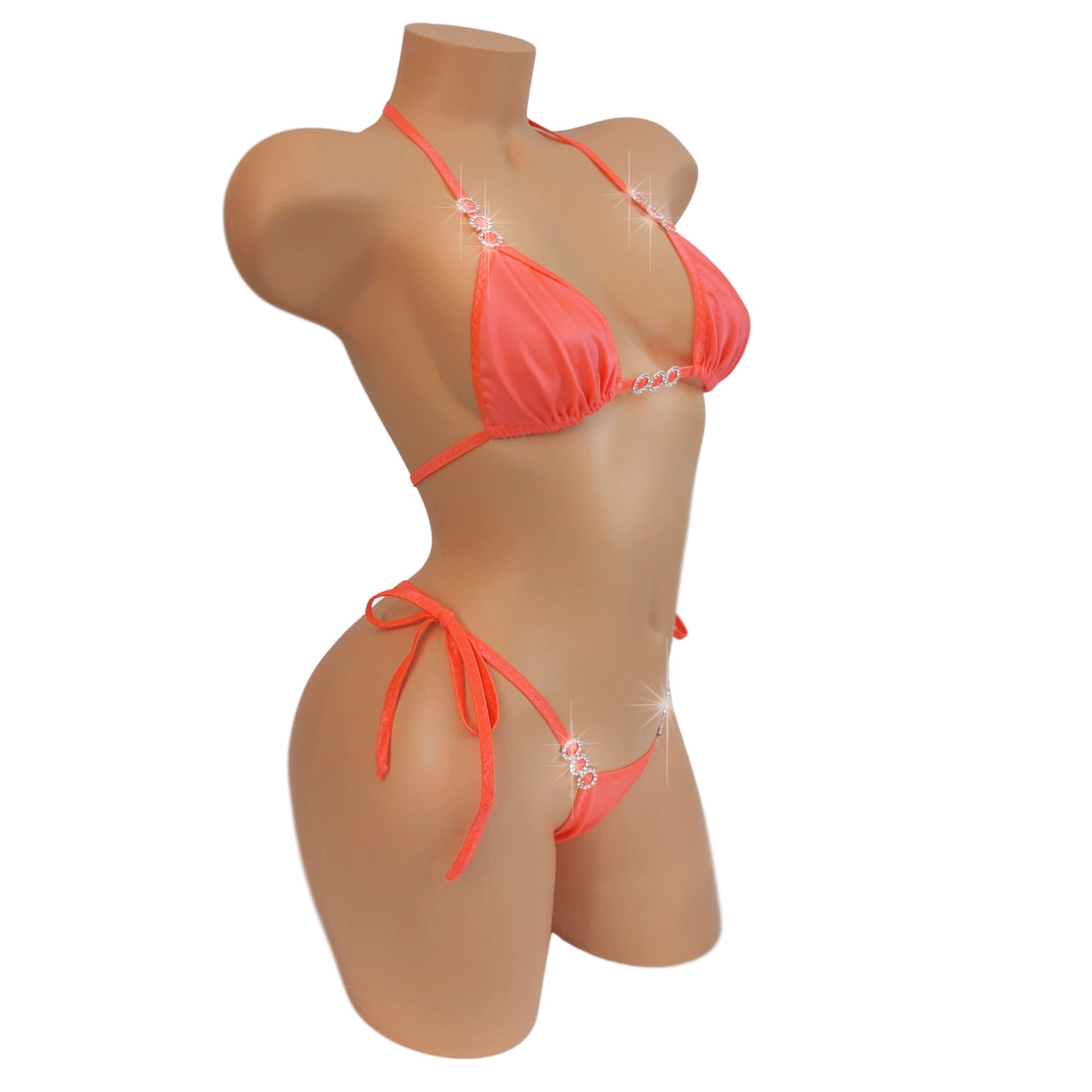 Glow in black light Neon Peach diamond accented tie side bikini.