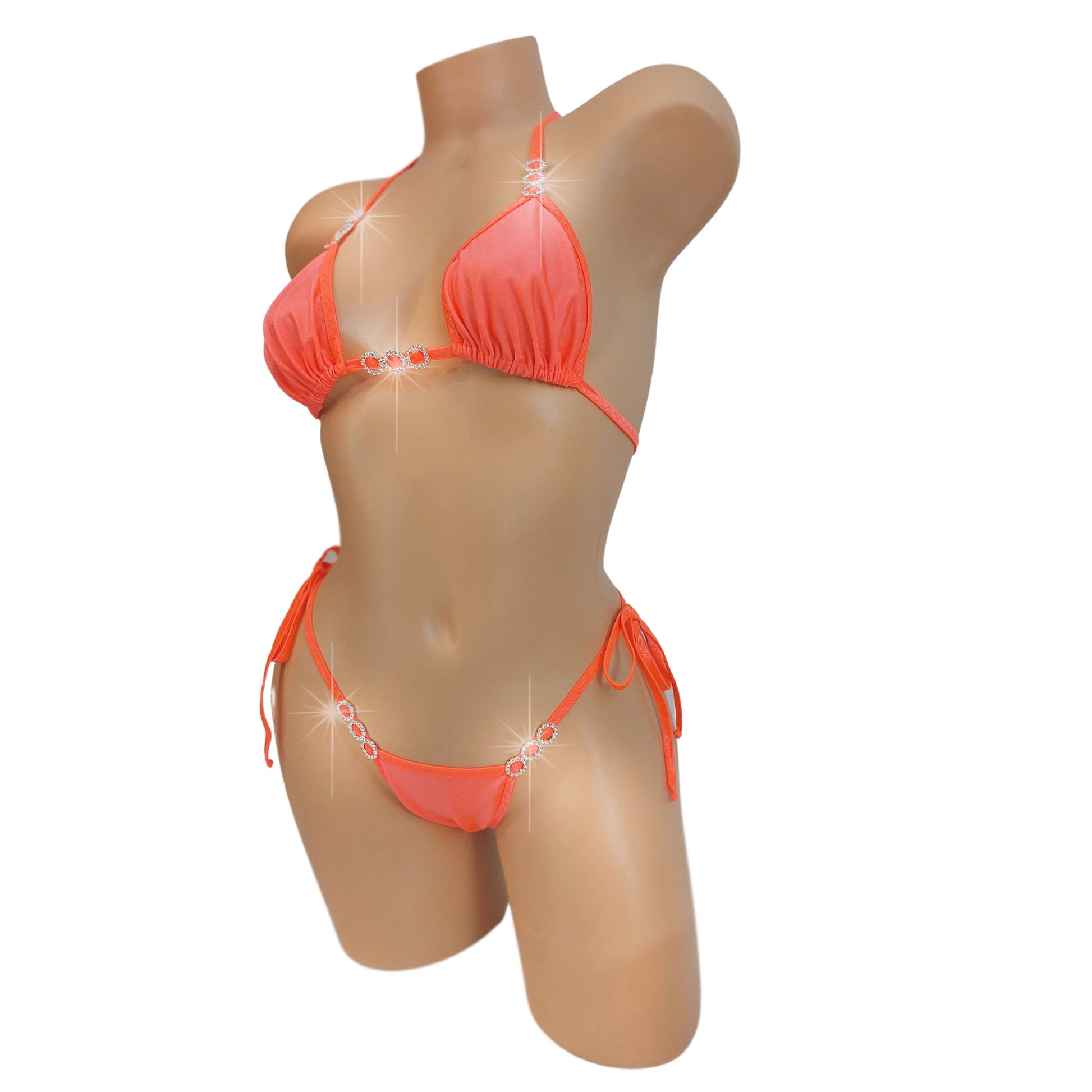 Glow in black light Neon Peach diamond accented tie side bikini.