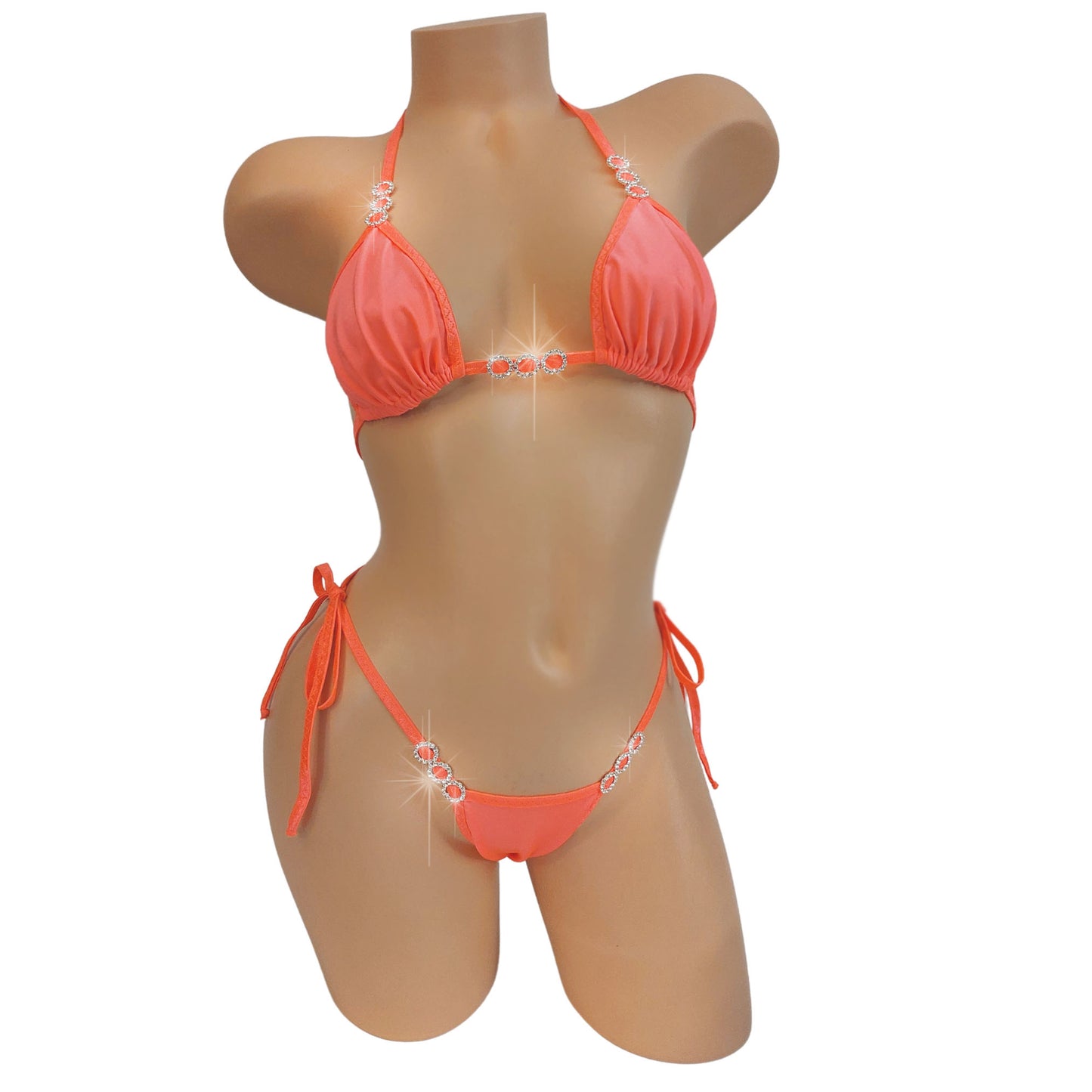 Glow in black light Neon Peach diamond accented tie side bikini.