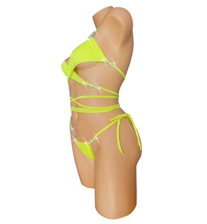 "Diamond Gunslinger" set Glows in Black Light! Neon Yellow sparkles everywhere - AA cup to DD, XS to XL