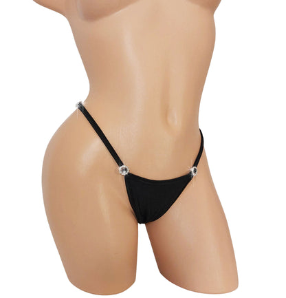 Black adjustable strap thong with diamond circle accents fits XS to XL.