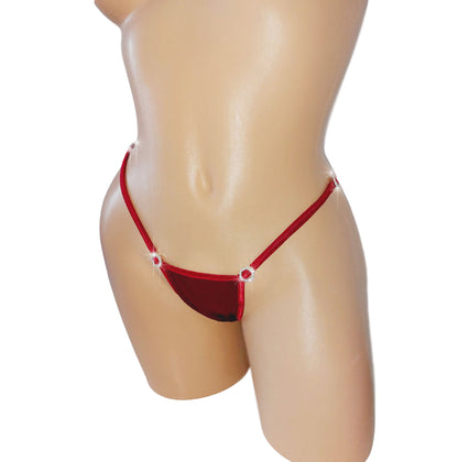 Burgandy adjustable strap thong with diamond circle accents fits XS to XL.